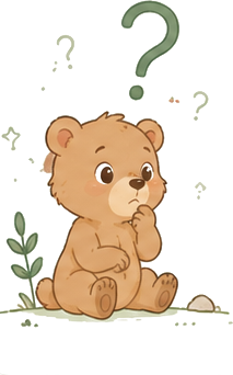 A bear cub sitting and wondering, surrounded by question marks