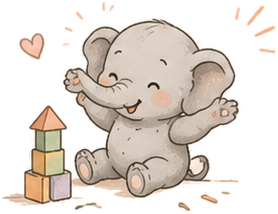 A baby elephant cheering beside a tower of stacked blocks
