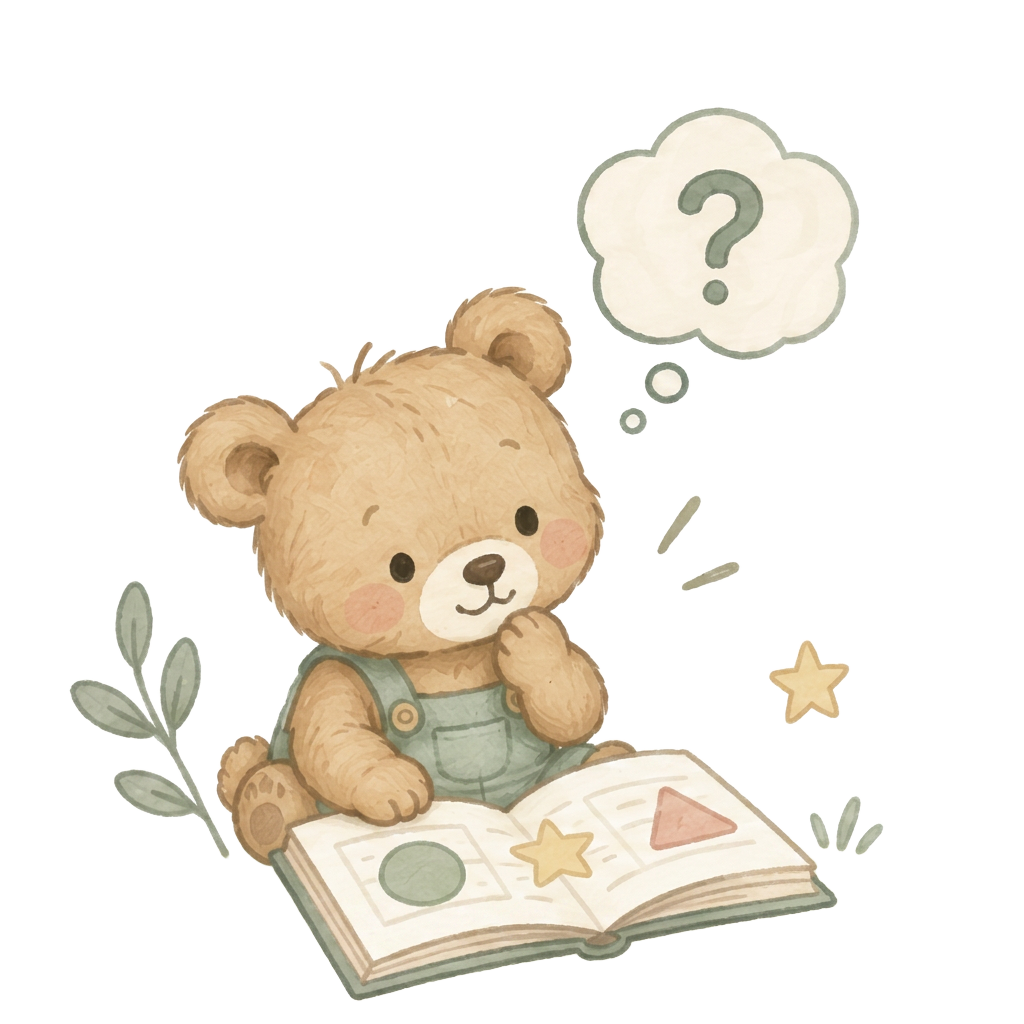 A thoughtful bear cub reading a book with a question-mark thought bubble